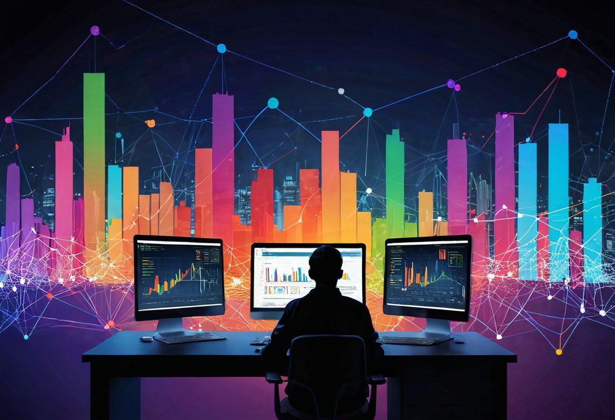 A creative illustration of interconnected data points forming a web-like structure overlaid with vibrant charts and graphs. Include a person at a computer screen, engaged in designing with the jsPlumb library, emphasizing the flow of ideas and information. The background should hint at a digitally constructed cityscape representing web design. super-realistic. vibrant colors. 3D.