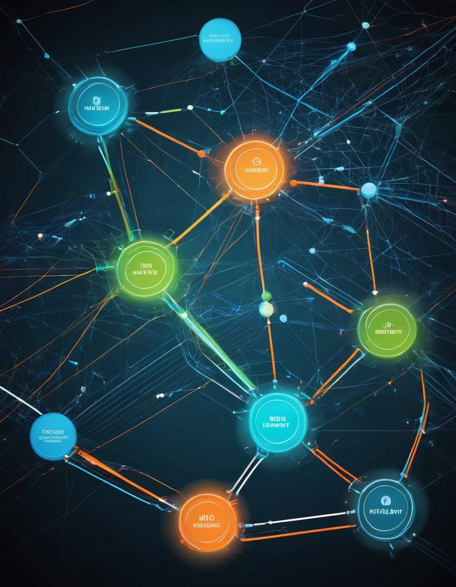 A vibrant flow diagram showcasing interconnected nodes and dynamic paths that illustrate the concept of building connections, set against a sleek modern web application interface. Include elements that suggest interactivity, such as animated arrows and glowing highlights on nodes. Use a tech-inspired color palette with blues, greens, and oranges to convey energy and creativity. super-realistic. vibrant colors. digital art.